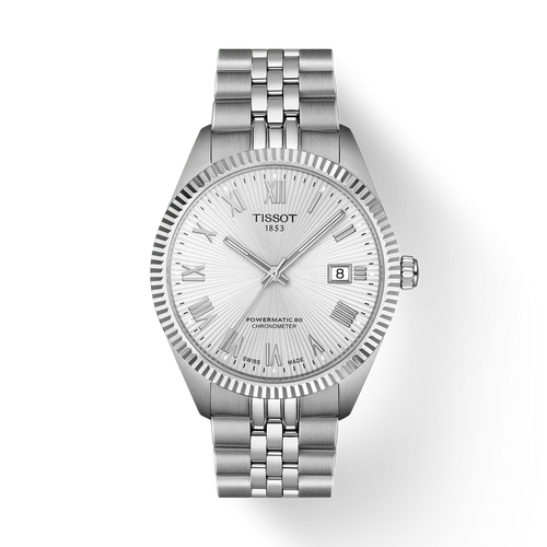 Silver Tissot watch on a white background