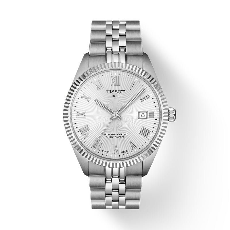 Silver Tissot watch on a white background