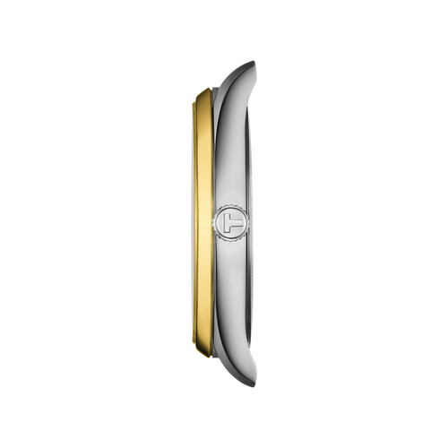 Two-tone watch case, one gold and one silver, on a white background