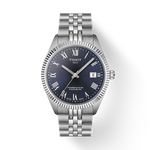 Silver Tissot watch with blue dial on a white background