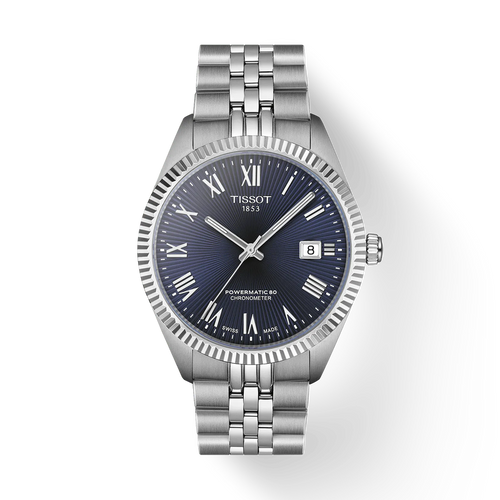 Silver Tissot watch with blue dial on a white background