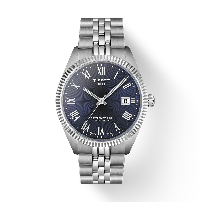 Silver Tissot watch with blue dial on a white background