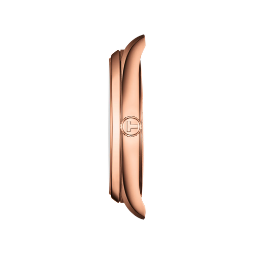 Rose gold watch case on a white background