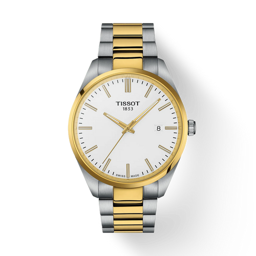 Tissot watch with two-tone gold and silver bracelet on a white background