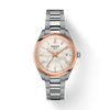 Tissot watch with silver and rose gold design on a white background