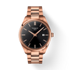 Rose gold Tissot watch with black dial on a white background