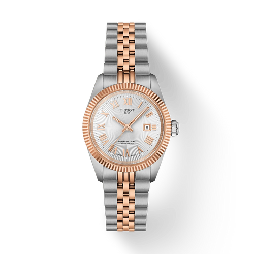 Tissot watch with two-tone rose gold and silver bracelet on a white background