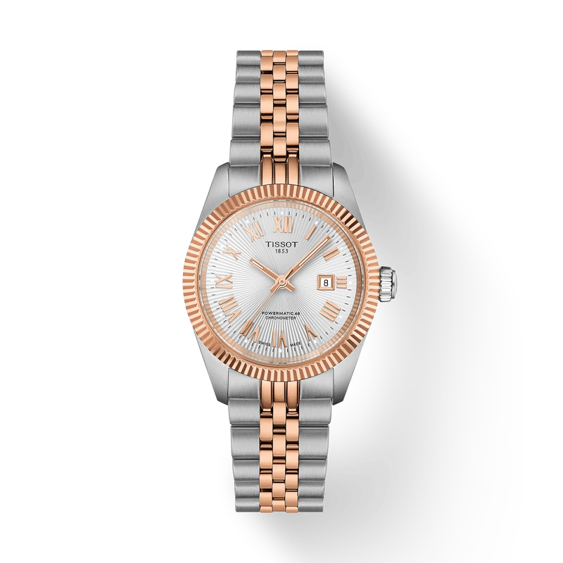 Tissot watch with two-tone rose gold and silver bracelet on a white background