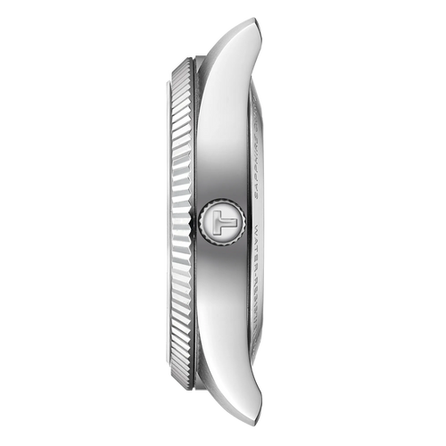 Silver watch with brand logo on a white background