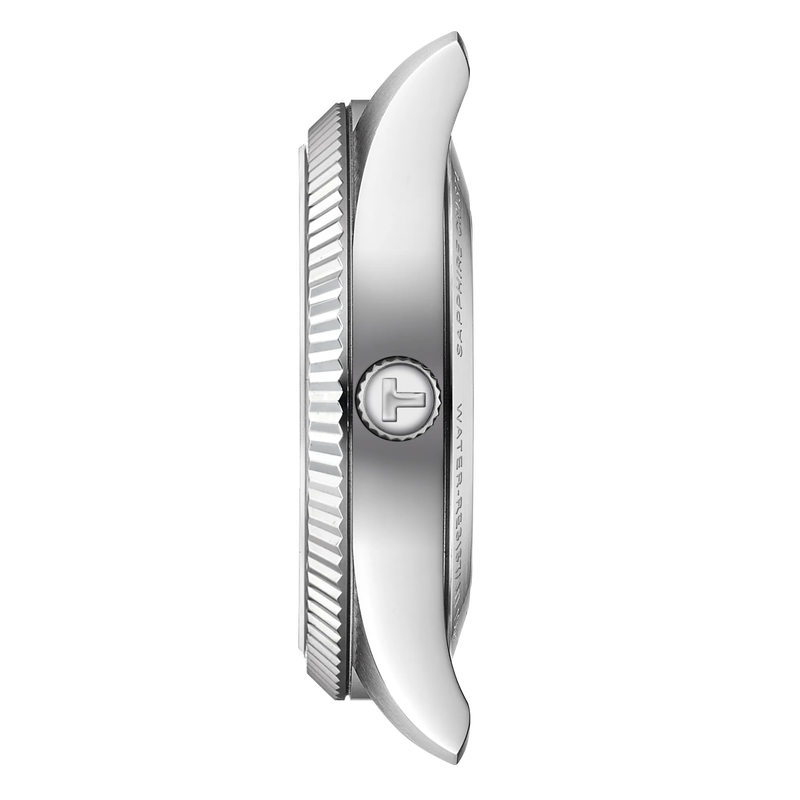 Silver watch with brand logo on a white background