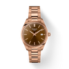 Rose gold Tissot watch with brown dial on a white background