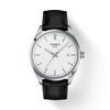 Tissot watch with black leather strap on a white background