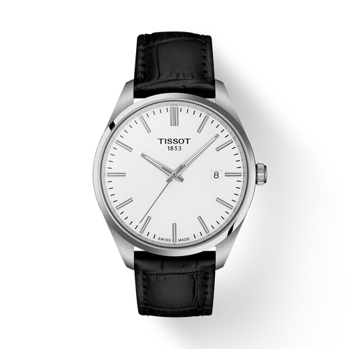Tissot watch with black leather strap on a white background