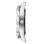 Silver pocket knife with a brand logo on a white background