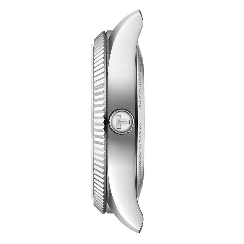 Silver pocket knife with a brand logo on a white background